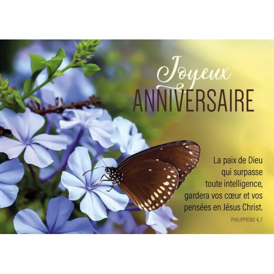 Carte postale Joyeux anniversaire Papillon sur fleur bleue Phil 4:7